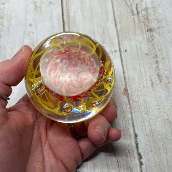 Art Glass Dome Paperweight Yellow Swirl Red White Controlled Bubbles - Picture 6 of 6